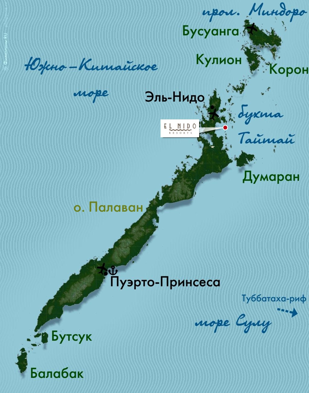 Положение отеля El Nido Apulit Island Resort на карте острова Палаван