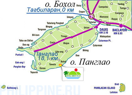 Положение отеля Bohol Beach Club на карте о. Панглао