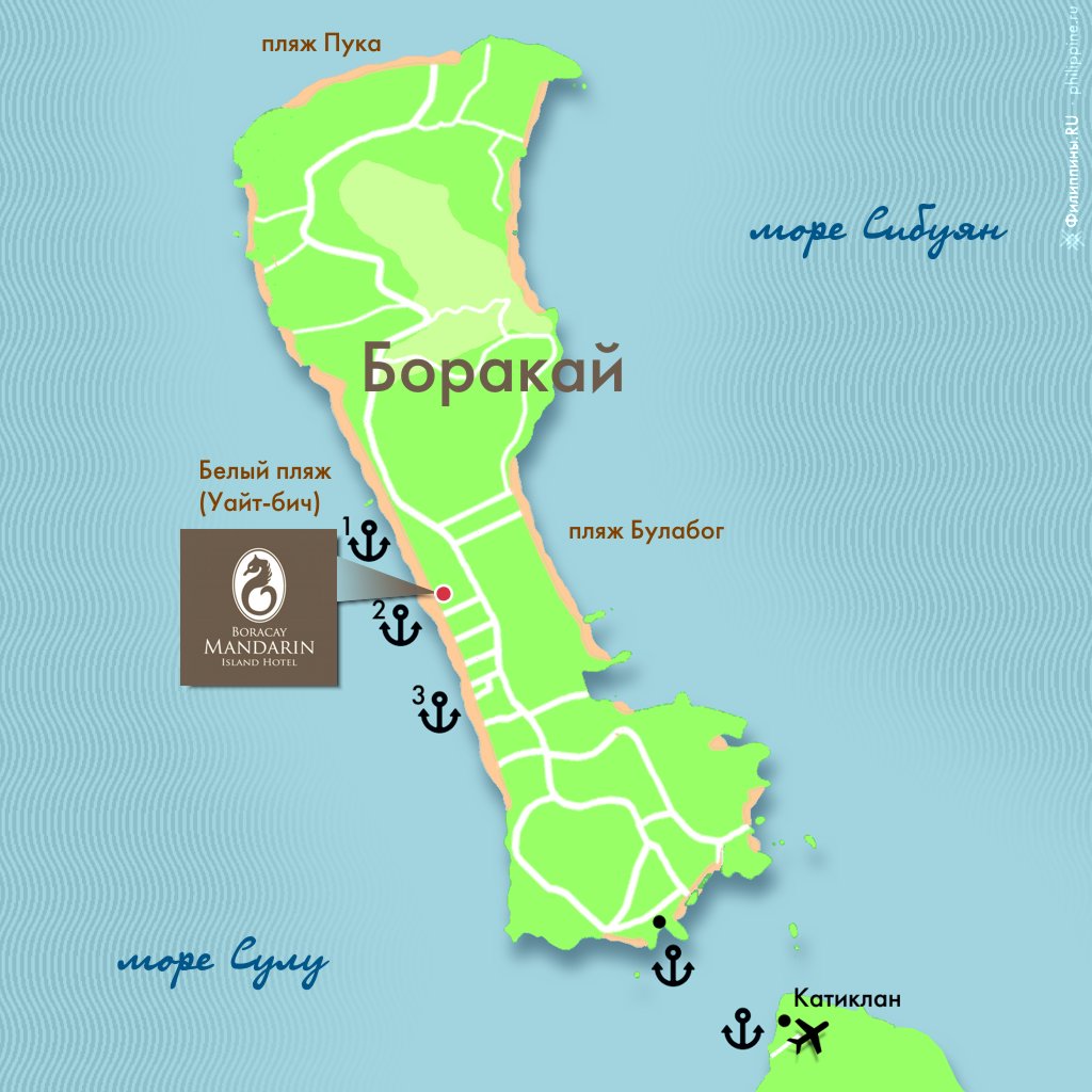 Положение отеля Boracay Mandarin на карте острова Боракай, Филиппины