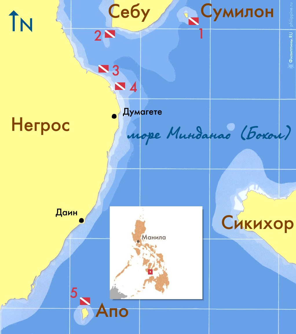 Карта дайв-сайтов Думагете (Дюмагете), Восточный Негрос, Филиппины