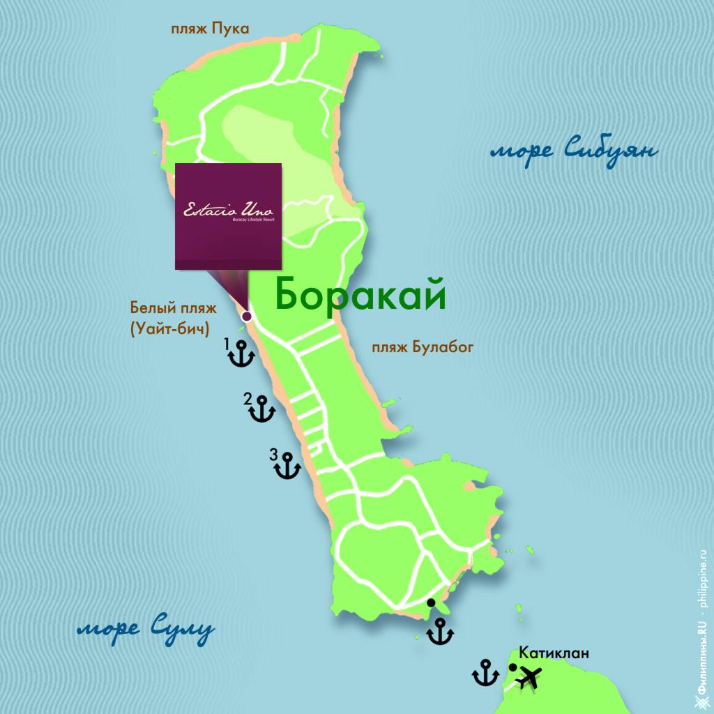 Положение отеля Estacio Uno на карте острова Боракай, Филиппины