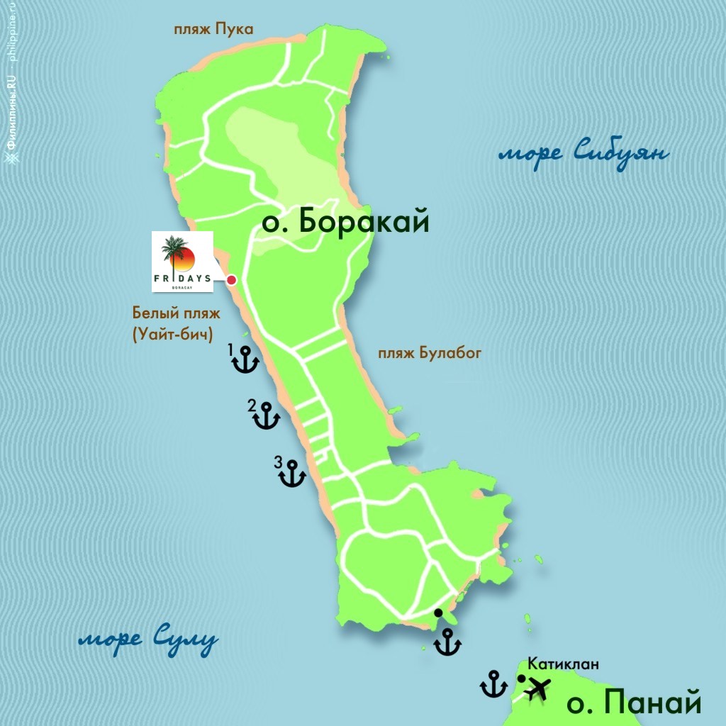 Положение отеля Fridays Beach Resort на карте острова Боракай, Филиппины
