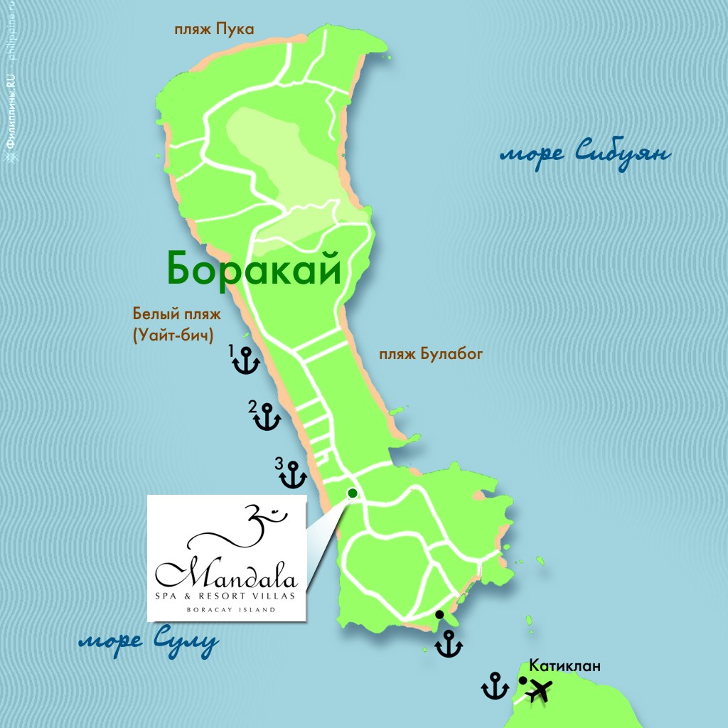 Положение отеля Mandala Spa Villas на карте острова Боракай, Филиппины