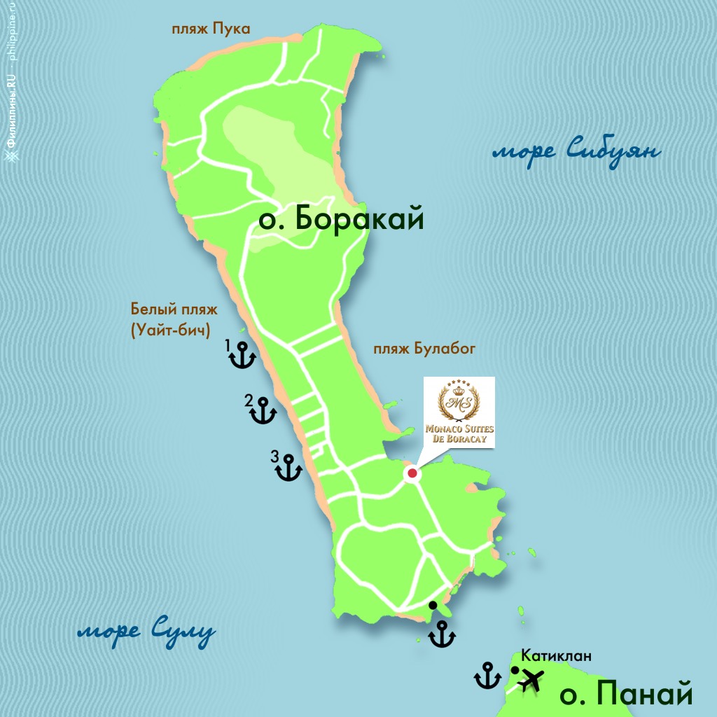 Положение отеля Monaco Suites de Boracay на карте острова Боракай, Филиппины