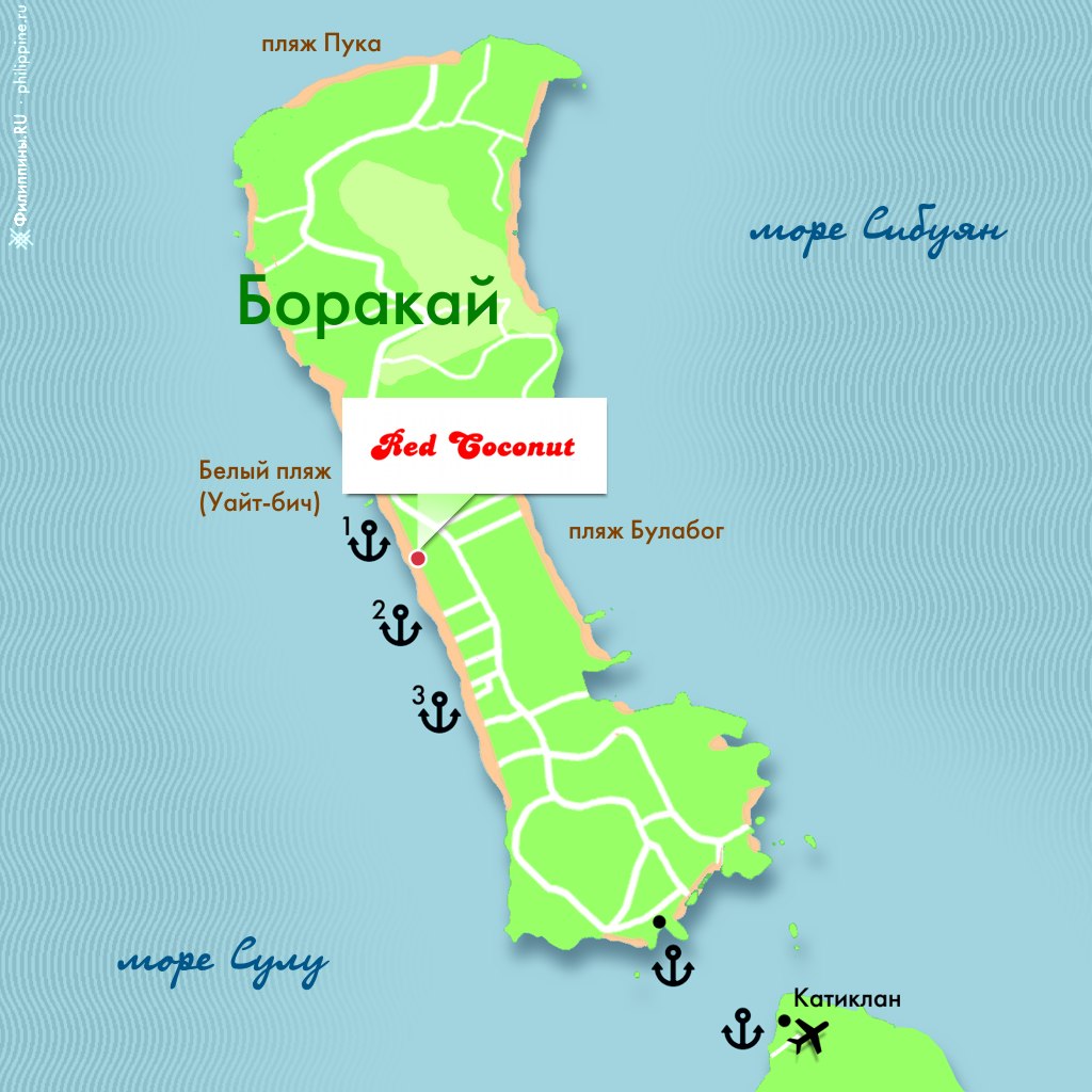 Положение отеля Red Coconut Beach Hotel на карте Боракая