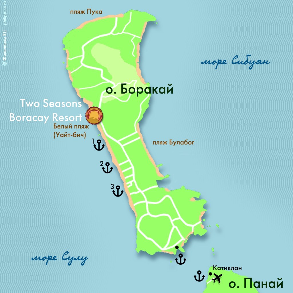 Положение отеля Two Seasons Boracay на карте острова Боракай, Филиппины