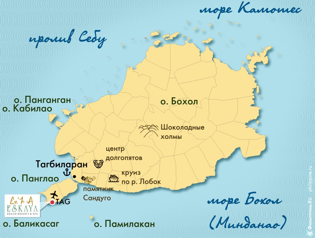 Положение отеляEskaya Beach на карте о. Панглао
