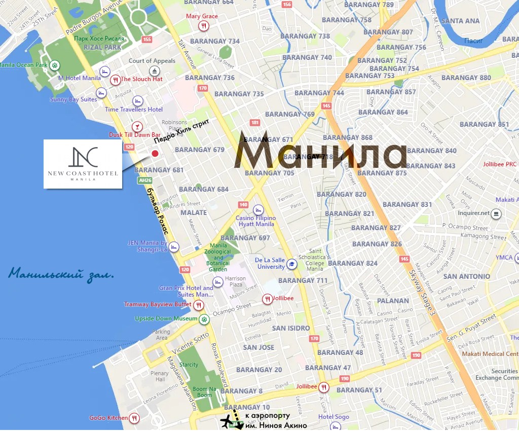 Положение отеля New Coast на карте Манилы